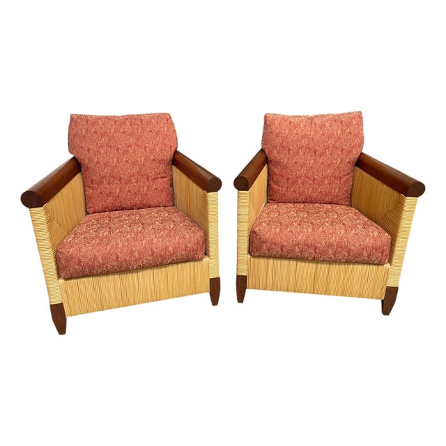 Donghia Merbau Rattan Club Chairs by John Hutton, Pair For Sale