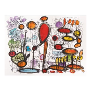 Fishing on the Lake — Abstract Expressionist Drawing in Oil Markers & Acrylics, 18 × 24 In For Sale