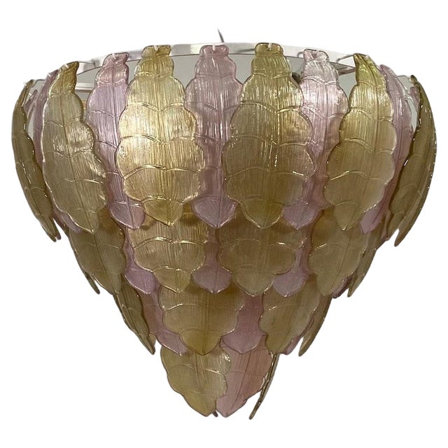 Italian Art Deco Gold and Pink Chandelier in Murano Glass, 2000s For Sale