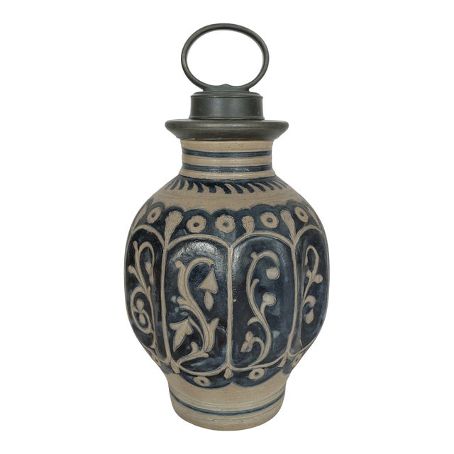 Antique German Westerwald Salt-Glazed Jug W/ Pewter Lid — Hp R-7597 For Sale