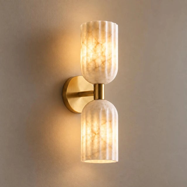 Metal Handcrafted Brass & Natural Alabaster, Double Wall Sconces, Bathroom & Bedroom Lighting - Pair For Sale - Image 7 of 9