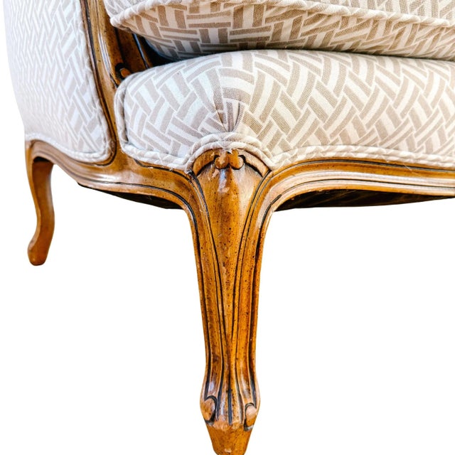 French Provincial Wingback Chairs With Geometric Upholstery Attributed to Baker - A Pair For Sale - Image 15 of 18