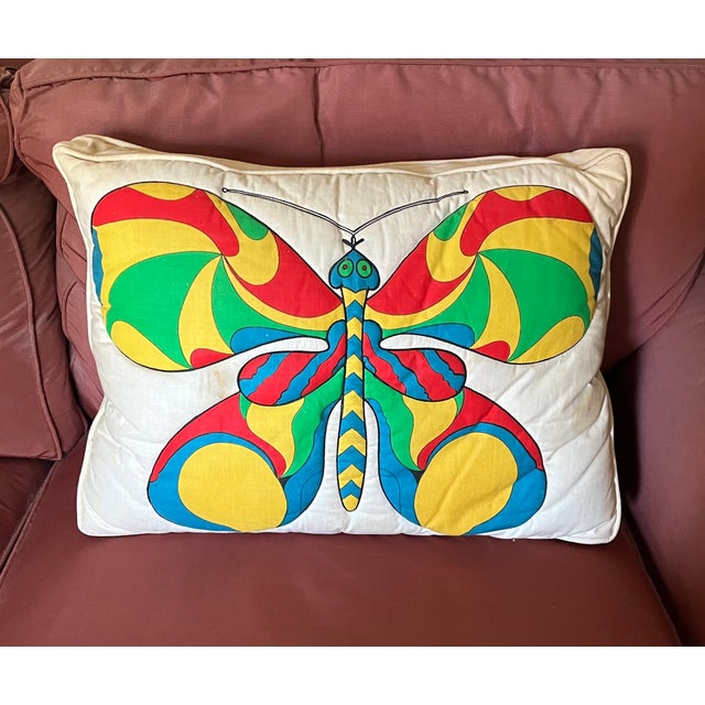 Mid-Century Modern Mid-Century Modern Rectangular Accent Pillow With Quilted Mod Graphic Butterfly Design Circa 1970 For Sale - Image 3 of 9