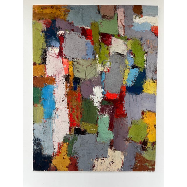 A dynamic and richly layered original oil painting on canvas featuring a vibrant patchwork of color and form. Textural...