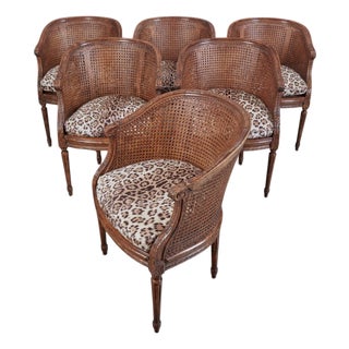 Louis XVI Carved Oak & Cane Barrel-Back Armchairs With Leopard Upholstery-Set of 6 For Sale