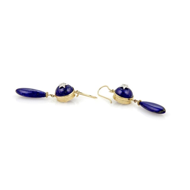 Contemporary Late 20th Century Pair of Diamond Star & Lapis 9k Two Tone Gold Drop Dangle Earrings For Sale - Image 3 of 5