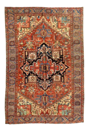 1910s Antique Persian Rust Navy Blue Gold Tribal Geometric Heriz Rug