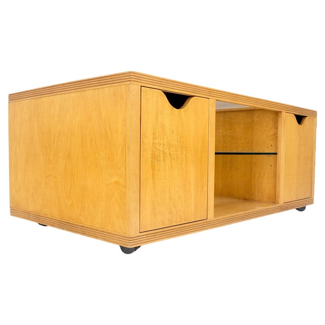 Large Box Shape Glass Top Birch Plywood Deep Drawers Storage Coffee Table on Wheels MCM