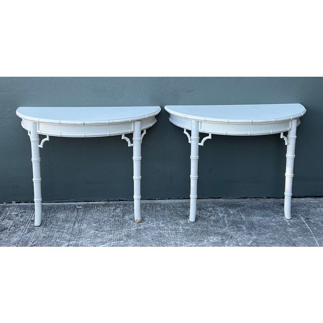 Vintage Faux Bamboo Wall Mount Demilune Console Tables - A Pair For Sale - Image 9 of 12