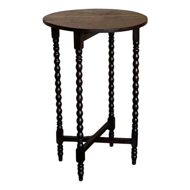 Round Folding Center Oak Table with Carved Top and Solomonic Legs, 1940s For Sale