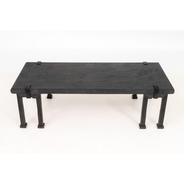 Ria and Youri Augousti Style Black Shagreen Coffee Table, with six fluted legs. 16" H x 54" W x 24.25" D. Provenance: From...