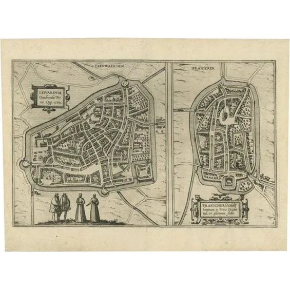 Antique Map of the City of Leeuwarden and Franeker by Braun & Hogenberg, 1580 For Sale