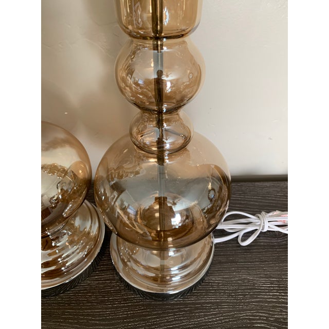 Opalescent Amber Finish Bubble Amber Color Glass Lamp Bases a Pair