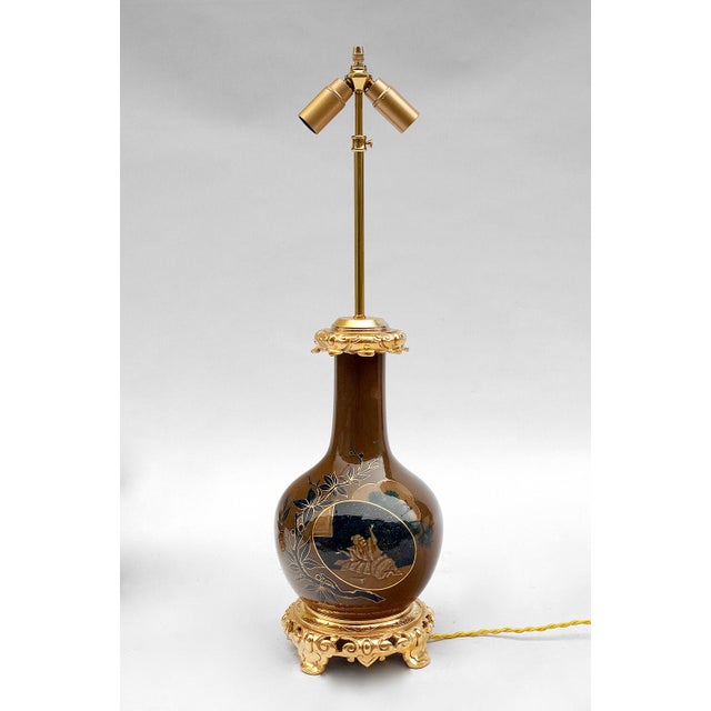 Antique Japanese Style Brown & Blue Porcelain Lamps, Set of 2 For Sale - Image 3 of 7