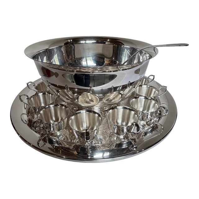 Vintage Gotham Silver Plate Punch Bowl Set With 12 Cups, Tray & Ladle – Mid-Century Entertaining Set For Sale