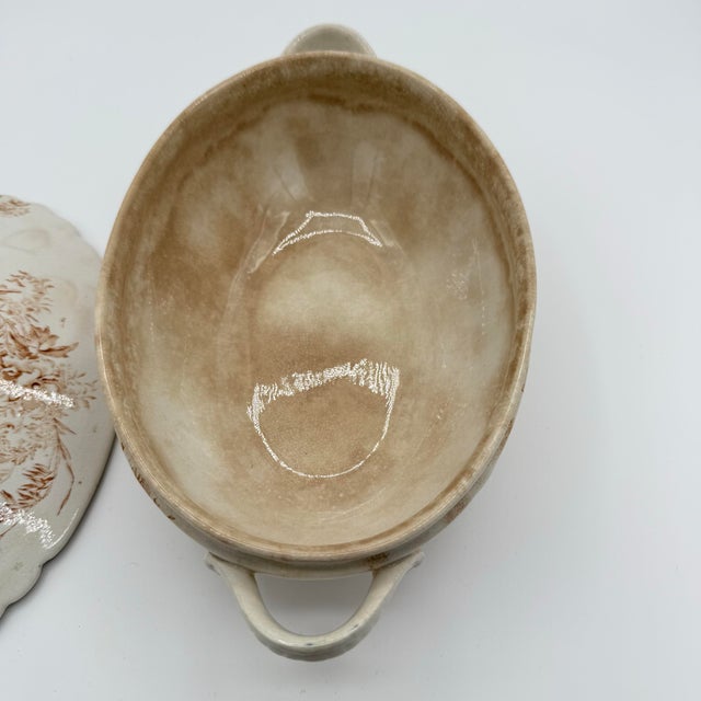 Late 19th Century Antique 19th-Century English Transferware Covered Soup Tureen – Sepia Floral Aesthetic Movement For Sale - Image 5 of 7