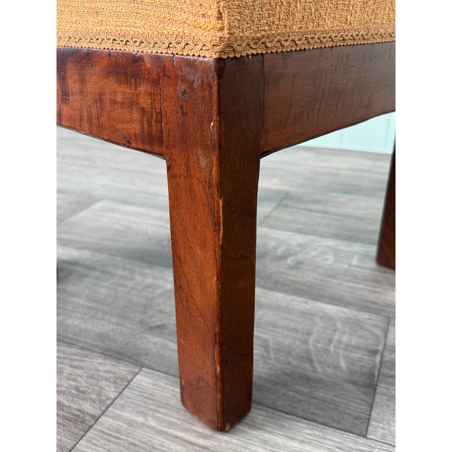 Antique Italian Pouf Small Footstool from the 1930s Walnut wood structure and fabric upholstery.