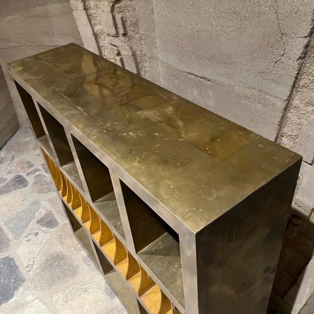 1980s Custom Bookcase Sectioned Storage Rustic Wood Brass For Sale - Image 4 of 13