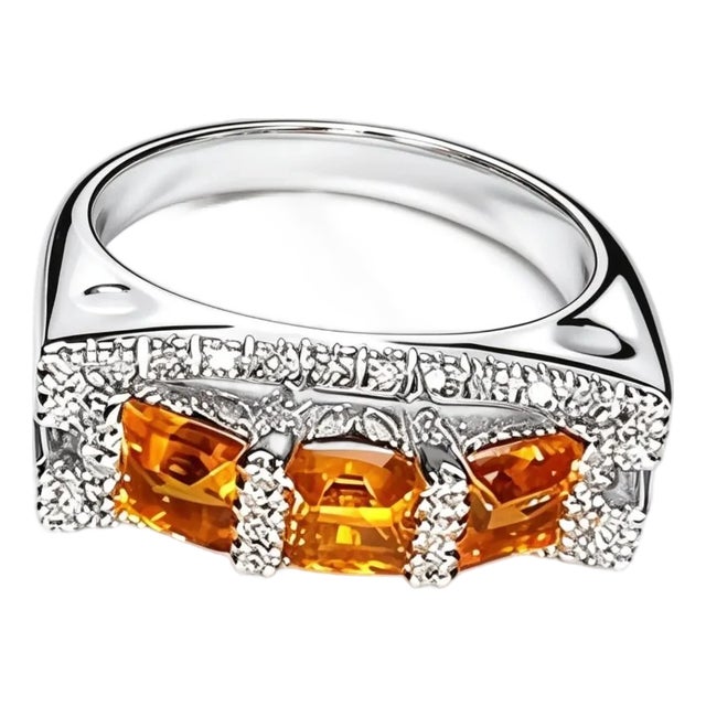 Late 20th Century 14K White Gold Citrine Diamond 3 Stone Ring Band, Size 7.25 For Sale