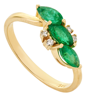 1 Carat Emerald & Diamond Three Stone Cluster Ring Size 7 in 14k Yellow Gold