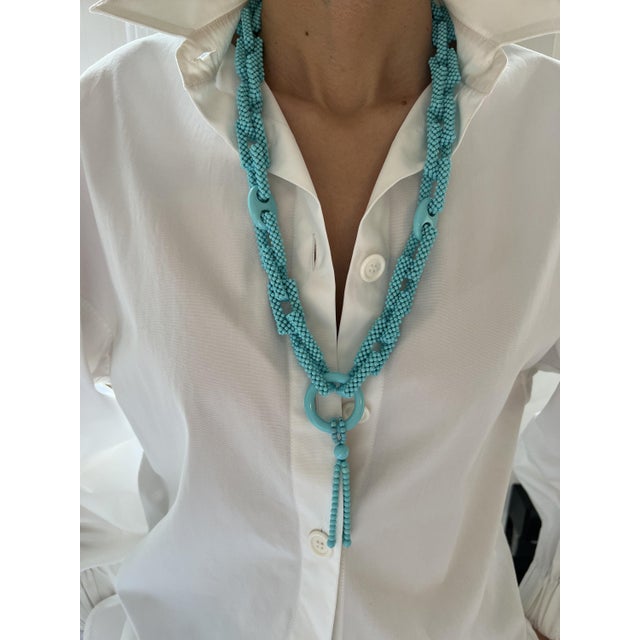 Gemstone Teal Blue Turquoise Round Fancy Beads Long Tie Unique Tassel Statement Necklace For Sale - Image 7 of 10