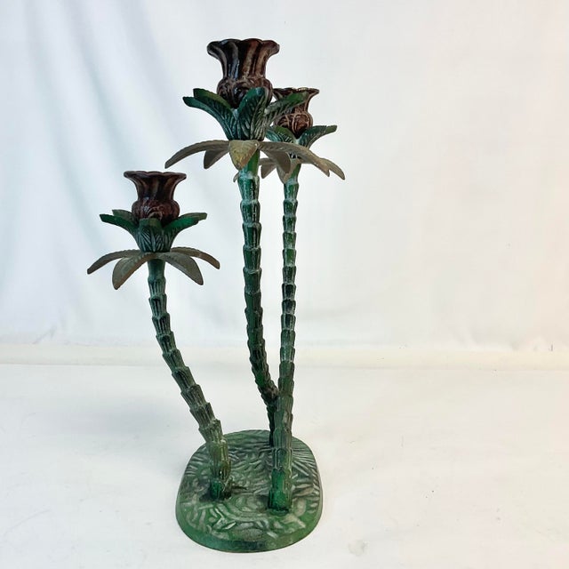 1970s Vintage Coastal Boho Chic Tole Palm Tree 3-Arm Candelabra. For Sale - Image 6 of 11