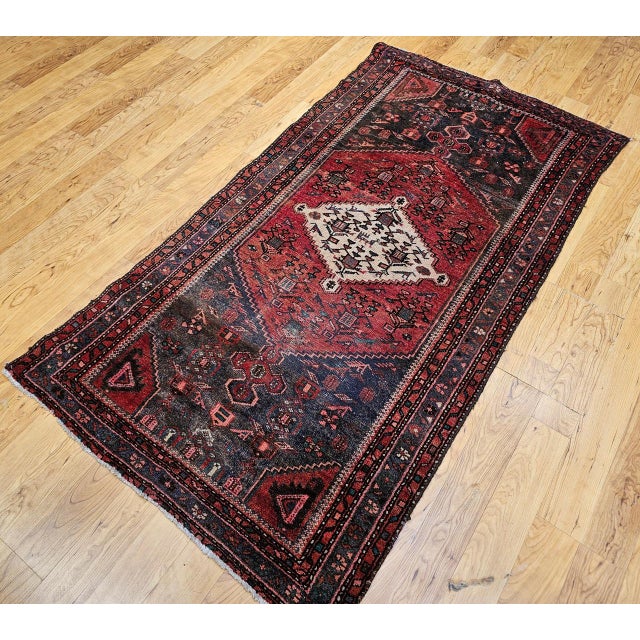 Vintage Persian Hamadan Rug, Hand-Knotted Wool, Geometric Medallion Pattern, Moss Green & Red, 4x7 For Sale - Image 11 of 18