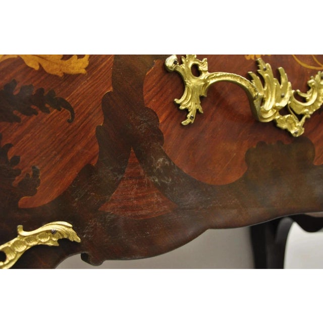 Brown Late 20th Century French Louis XV Style Marble Top Marquetry Inlay & Bronze Bombe Commode Dresser For Sale - Image 8 of 12