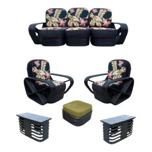 Restored 6 Strand Black Ash Table, Sofa, Lounge Chair Livingroom Set