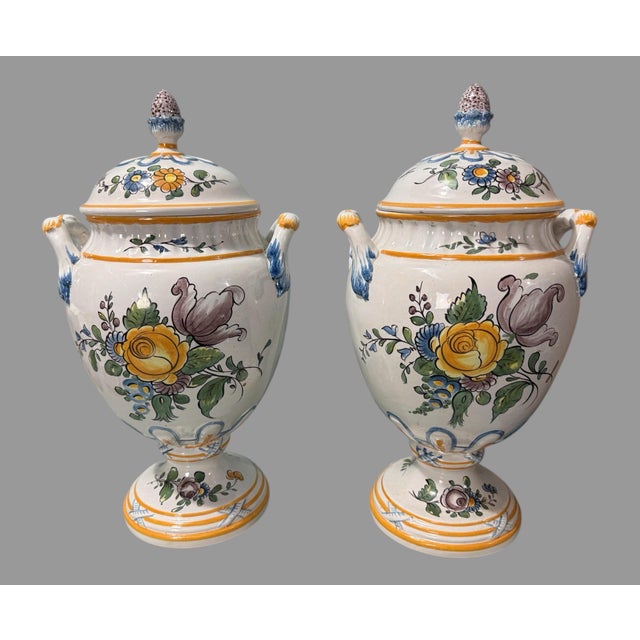 Pair of Antique French Faience Floral Hand Painted Double Handled 15" Vases Urns W Lids For Sale - Image 11 of 12