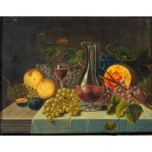 French School, 19th century. Still life with a wine decanter. Oil painting on panel, monogrammed BS. Dimensions: 18 x 24...