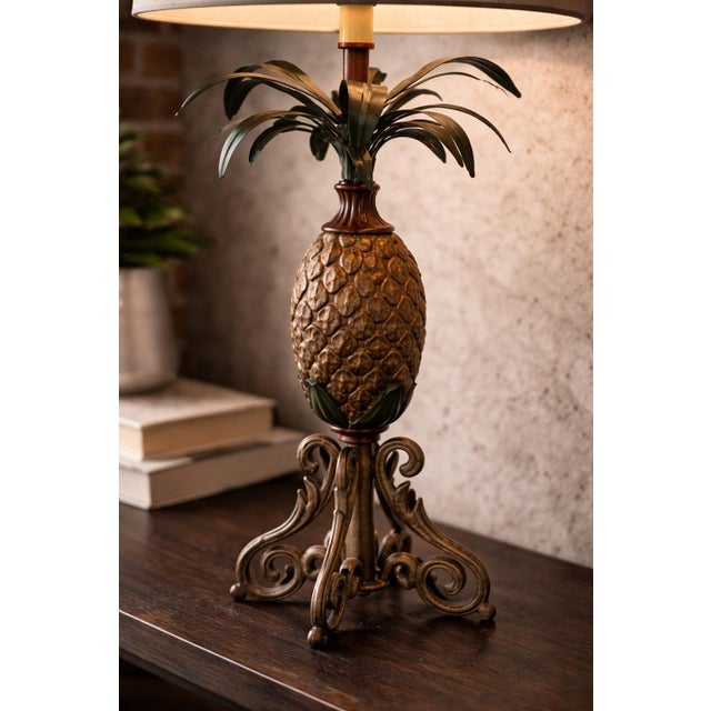 Gray Late 20th Century Solid Metal Pineapple Table Lamp With Scroll Base and Original Gray Shade For Sale - Image 8 of 12