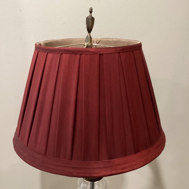 Mid 20th Century Bombay Fine Cut Crystal Column Brushed Oiled Bronze Table Lamp on Marble Base With Burgundy Pleated Shade For Sale - Image 4 of 12