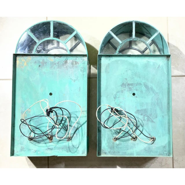 Pair of Vintage Solid Brass Wall Lanterns / Sconces With Rich Verdigris Patina For Sale - Image 9 of 13