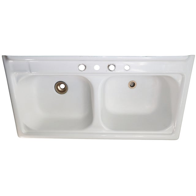 1950s Iconic 1957 Vintage Kohler Sea Cliff 50" Wide Double Basin Porcelain & Cast Iron Kitchen Sink For Sale - Image 5 of 18
