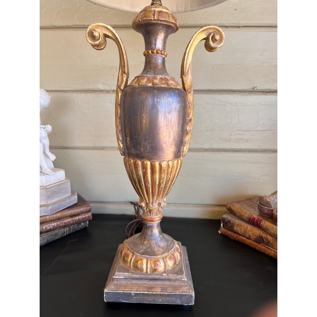 Fine Antique Italian Neoclassical Giltwood & Silver Leaf Carved Urn Table Lamp For Sale - Image 9 of 12