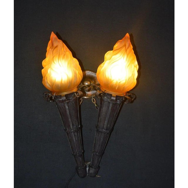 Victorian Gothic Twin Torchère Wall Light with Opaline Flame Shades, 1850s For Sale - Image 3 of 18