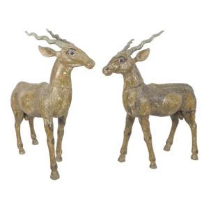 Pair of 19th Century Wood Carved Male Antelope Deer Small Life Size Sculptures