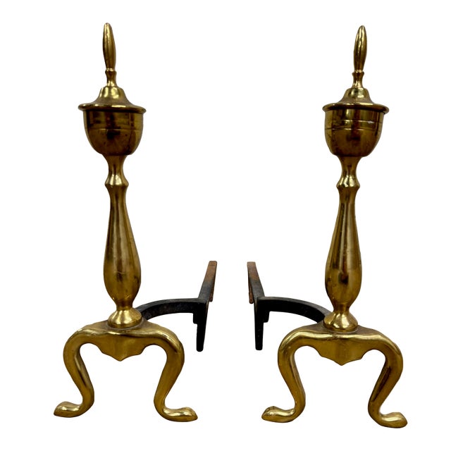 Vintage Brass and Iron Andirons Fire Dogs With Claw Feet For Sale