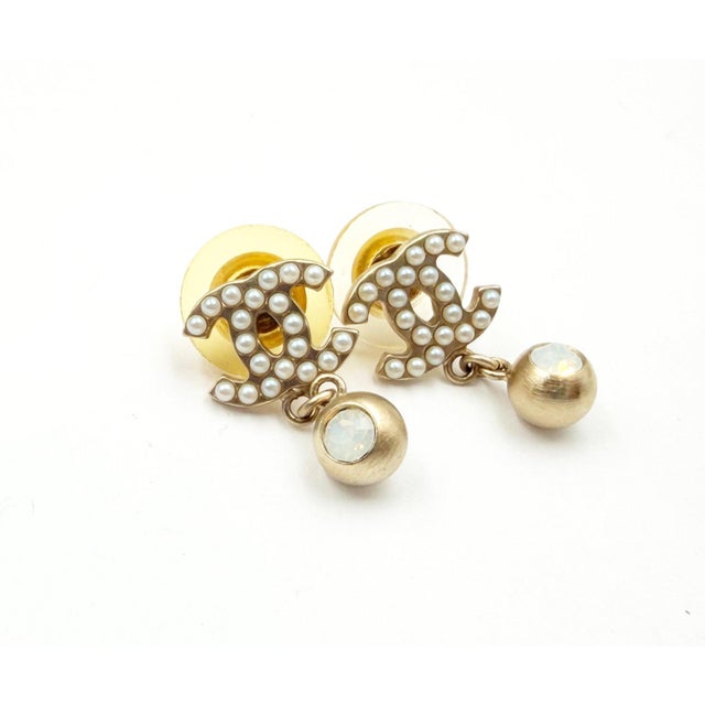 Chanel Chanel Vintage Gold Plated CC Pearl Opal Dangle Small Piercing Earrings, A Pair For Sale - Image 4 of 5