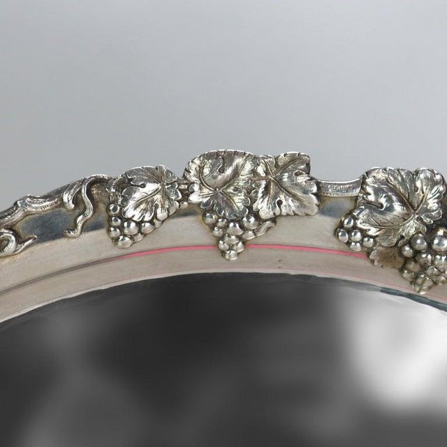 Victorian Large Antique Silver Plate Round Serving Tray With Grape & Leaf Border C1890 For Sale - Image 3 of 6