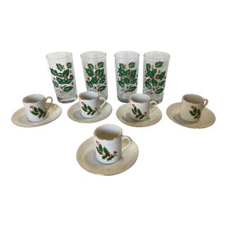 1970s Collection of Vintage Mistletoe Glassware, Espresso Cups With Saucers For Sale