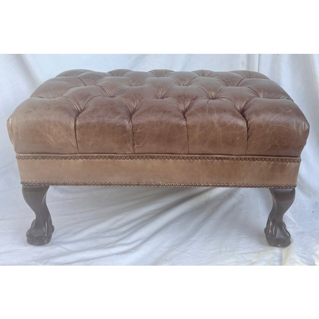 Brown Chesterfield Button-Tufted Brown Leather Ottoman in the Style of Ralph Lauren For Sale - Image 8 of 10