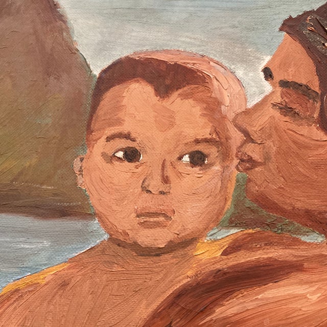 Brown 1950s Mid Century Framed Figural Expressionist Oil Painting of Polynesian Mother and Child For Sale - Image 8 of 12