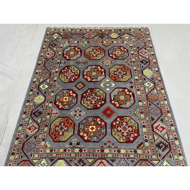 Art Deco Slate Blue Philpa Bokhara Wool Rug With Elephant Foot Motifs, 4'11" X 6'5" For Sale - Image 3 of 15