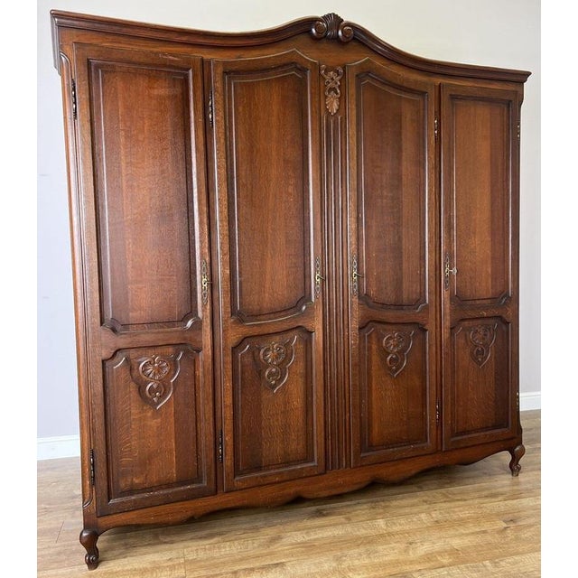 Vintage French Louis XVI Style Carved Oak 4-Door Wardrobe For Sale - Image 13 of 13