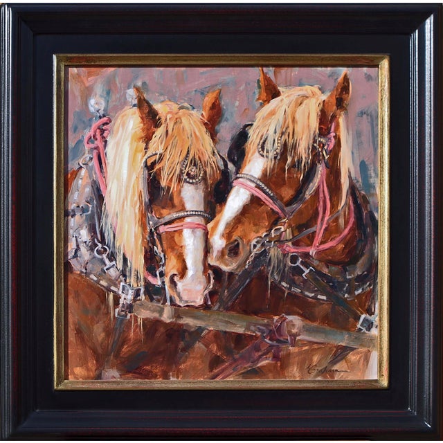 In "Love Being Hitched," two majestic horses stand closely together, their expressive eyes conveying a sense of...