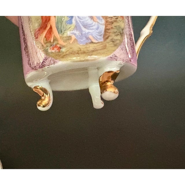 Ceramic Vintage Royal Halsey Teacup & Saucer: Gilded Pastoral Scene, Reticulated Saucer For Sale - Image 7 of 8