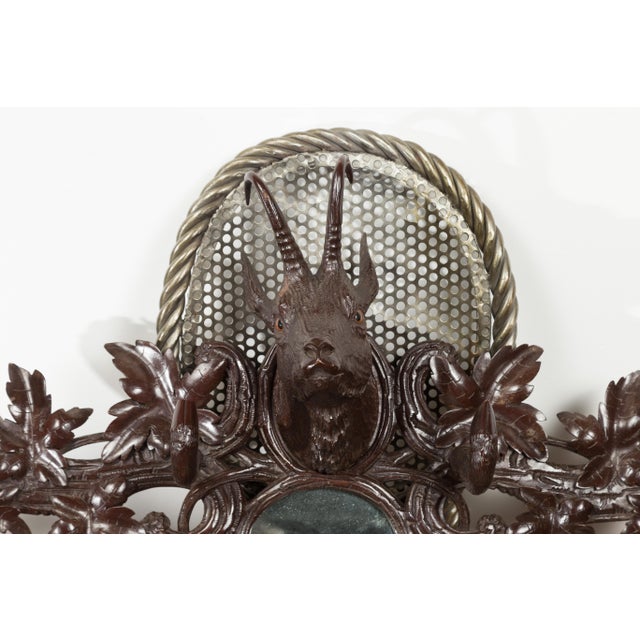 Black Forest 1900s Carved Wooden Plaque with Chamois Motif, Foliage and Mirror For Sale In Atlanta - Image 6 of 10