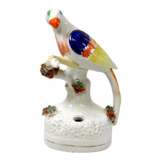 19th-Century Antique Staffordshire Pottery Parrot Quill Holder & Inkwell For Sale